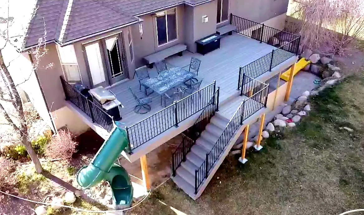 Aerial view of a composite deck with stairs and slide