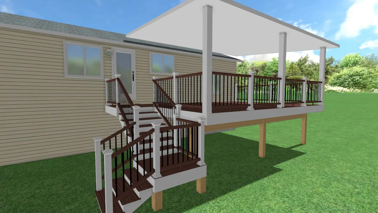 3D rendering of a covered second-story deck with stairs and white railing