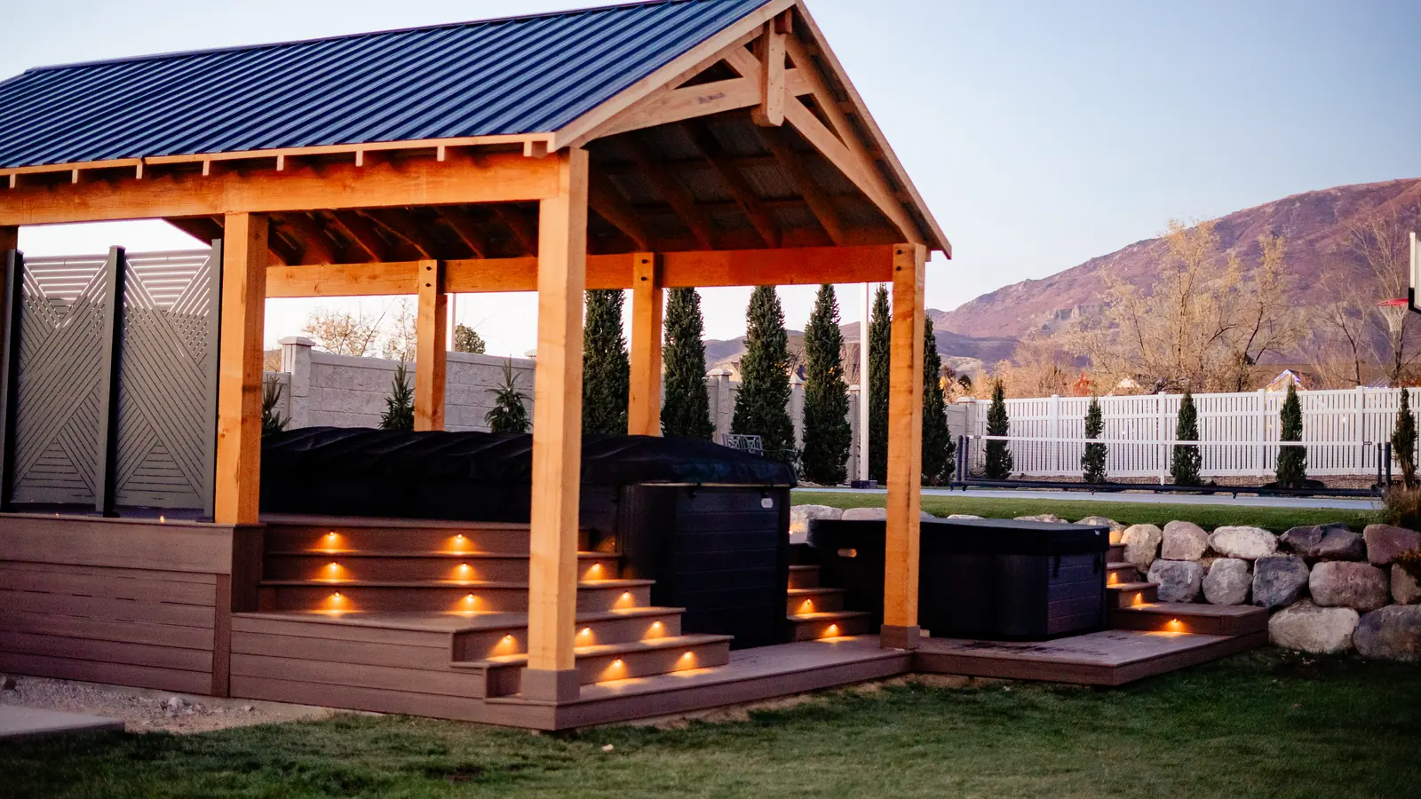 TimberTech English Walnut hot tub deck and timber pavilion built by TC Decks in Highland