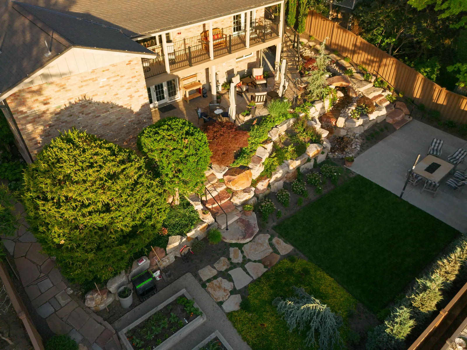 Aerial view of a second-story deck and backyard in Sandy