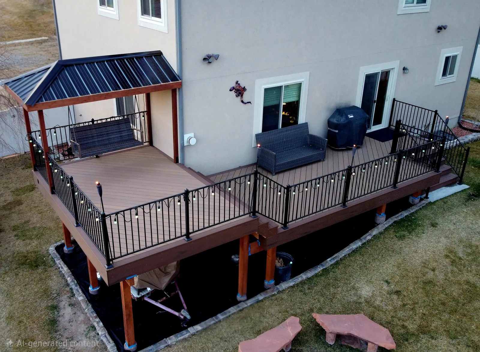 Aerial view of a two-level TimberTech deck in Coconut Husk and Dark Cocoa in Saratoga Springs, Utah