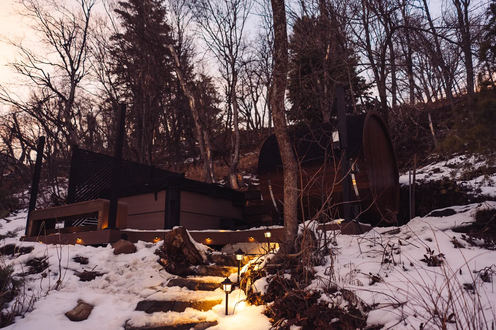Mountain cabin and sauna deck among snowy trees at dusk