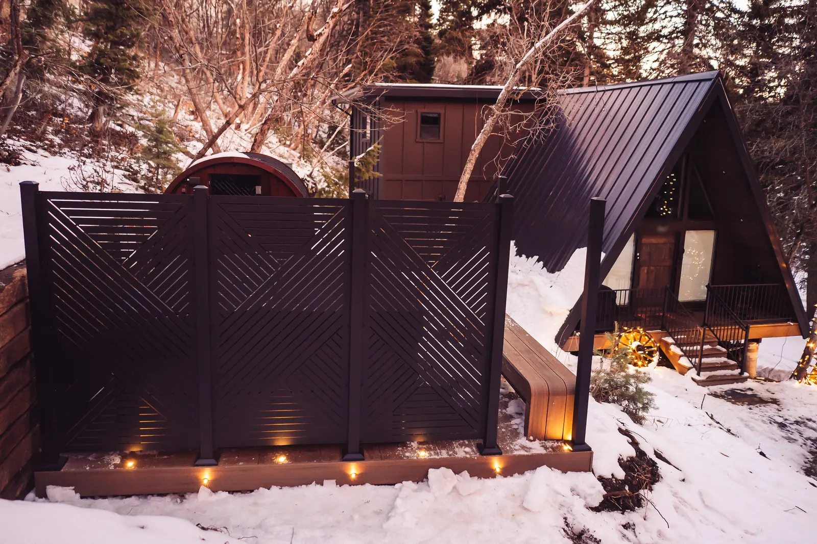 TimberTech English Walnut sauna deck built by TC Decks at a Sundance cabin